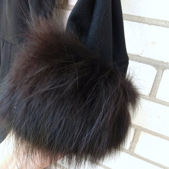 Vintage Black Dress with Fur Cuffs 38.25"B 50s 60s Retro Glamor Wide Neckline - Picture 7 of 16